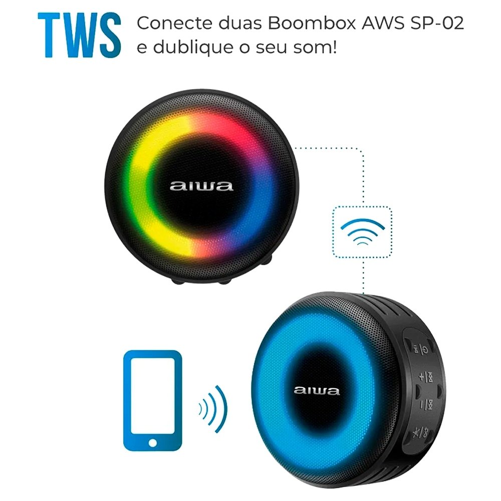 Caixa de Som Amplificada Aiwa Mini Speaker AWSSP02 - 7 Modos de Luz, Bluetooth, 200W RMS, Preto