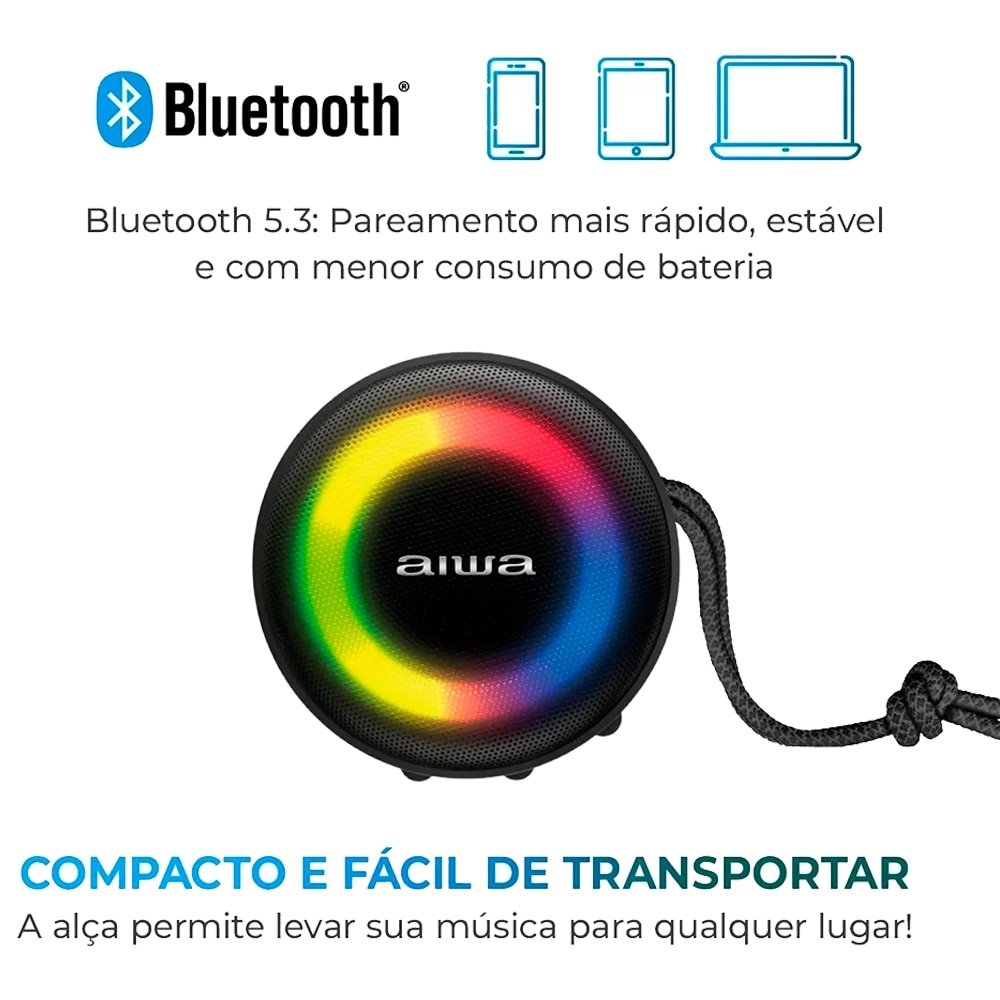 Caixa de Som Amplificada Aiwa Mini Speaker AWSSP02 - 7 Modos de Luz, Bluetooth, 200W RMS, Preto