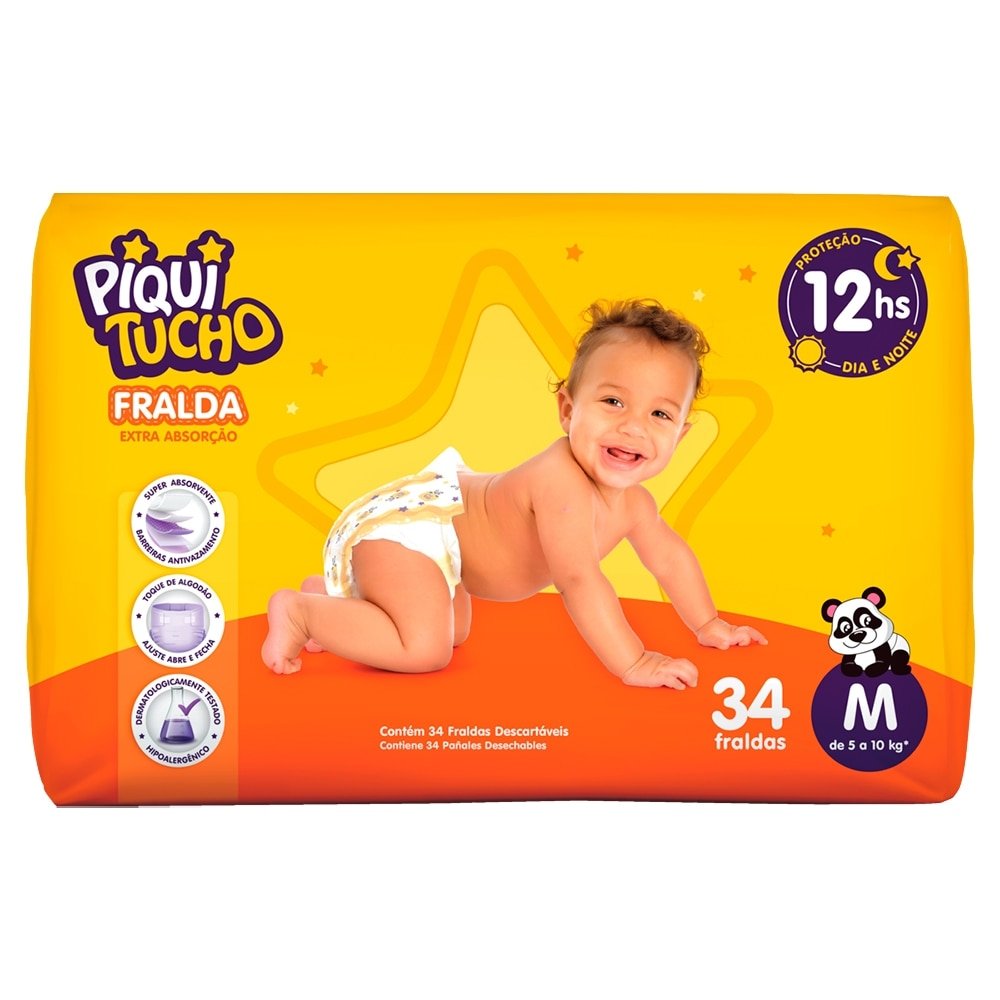 Fralda Descartável Piquitucho Tamanho M - 8 Pacotes com 34 Tiras - Total de 272 Tiras