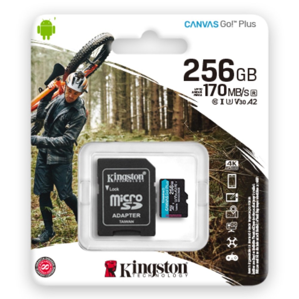 Cartão de Memória Kingston Canvas Go Plus, MicroSD 256GB, Com Adaptador, SDCG3/256GB