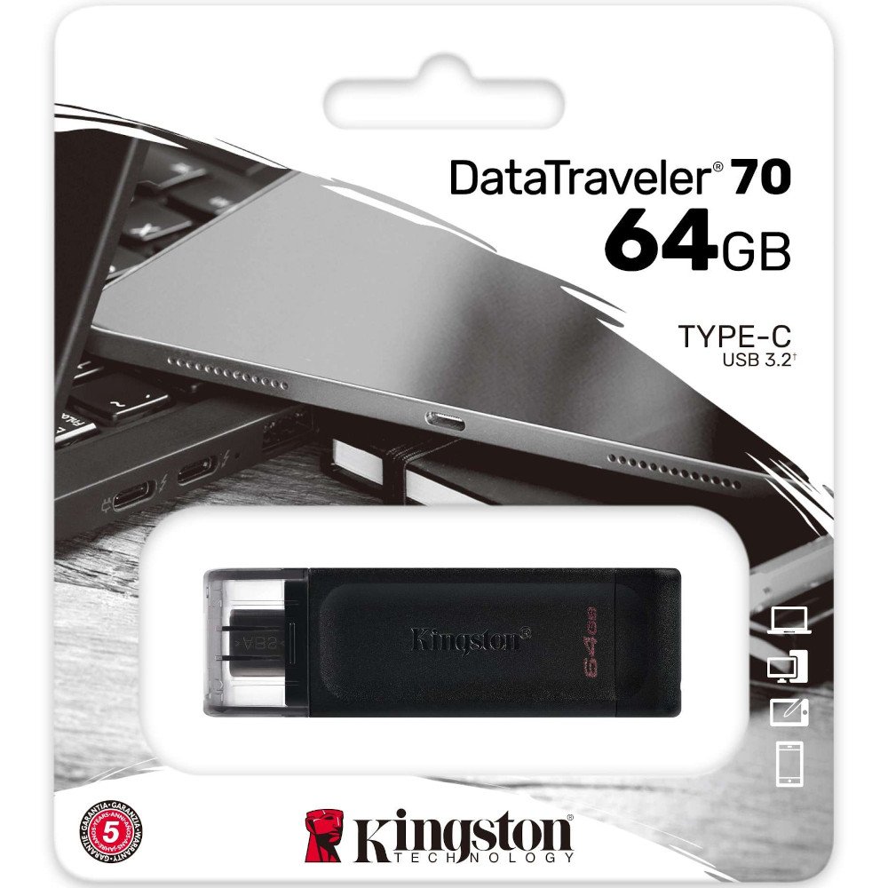 Pen Drive 64Gb Usb-C Kingston Datatraveler 70, Compatível Com Dispositivos Usb-C Como Notebooks, Laptops, Tablets E Telefones, Dt70/64Gb