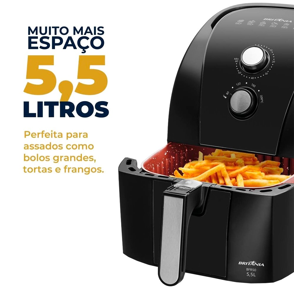 Fritadeira Air Fryer Britânia BFR50 - 1500W, 5,5L Redstone Preto/Inox, 220V