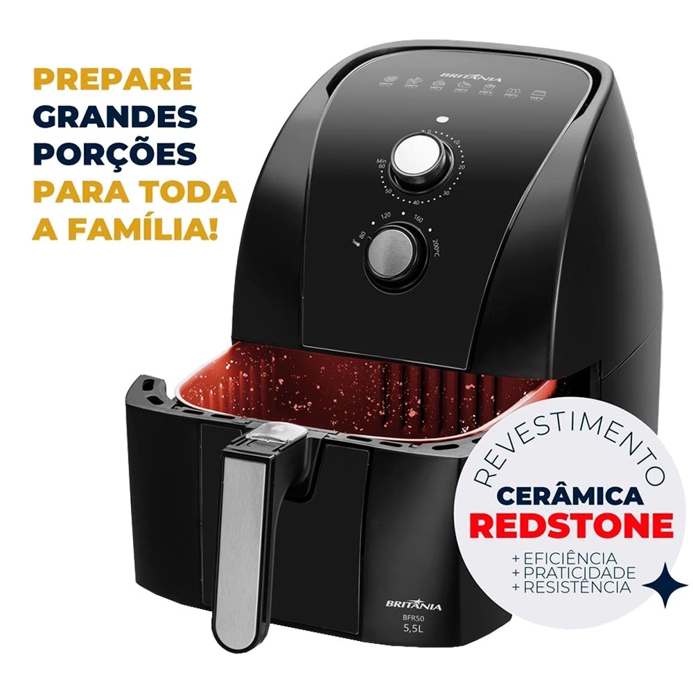 Fritadeira Air Fryer Britânia BFR50 - 1500W, 5,5L Redstone Preto/Inox, 220V