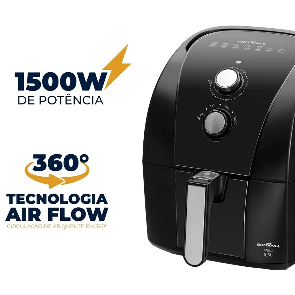 Fritadeira Air Fryer Britânia BFR50 - 1500W, 5,5L Redstone Preto/Inox, 220V
