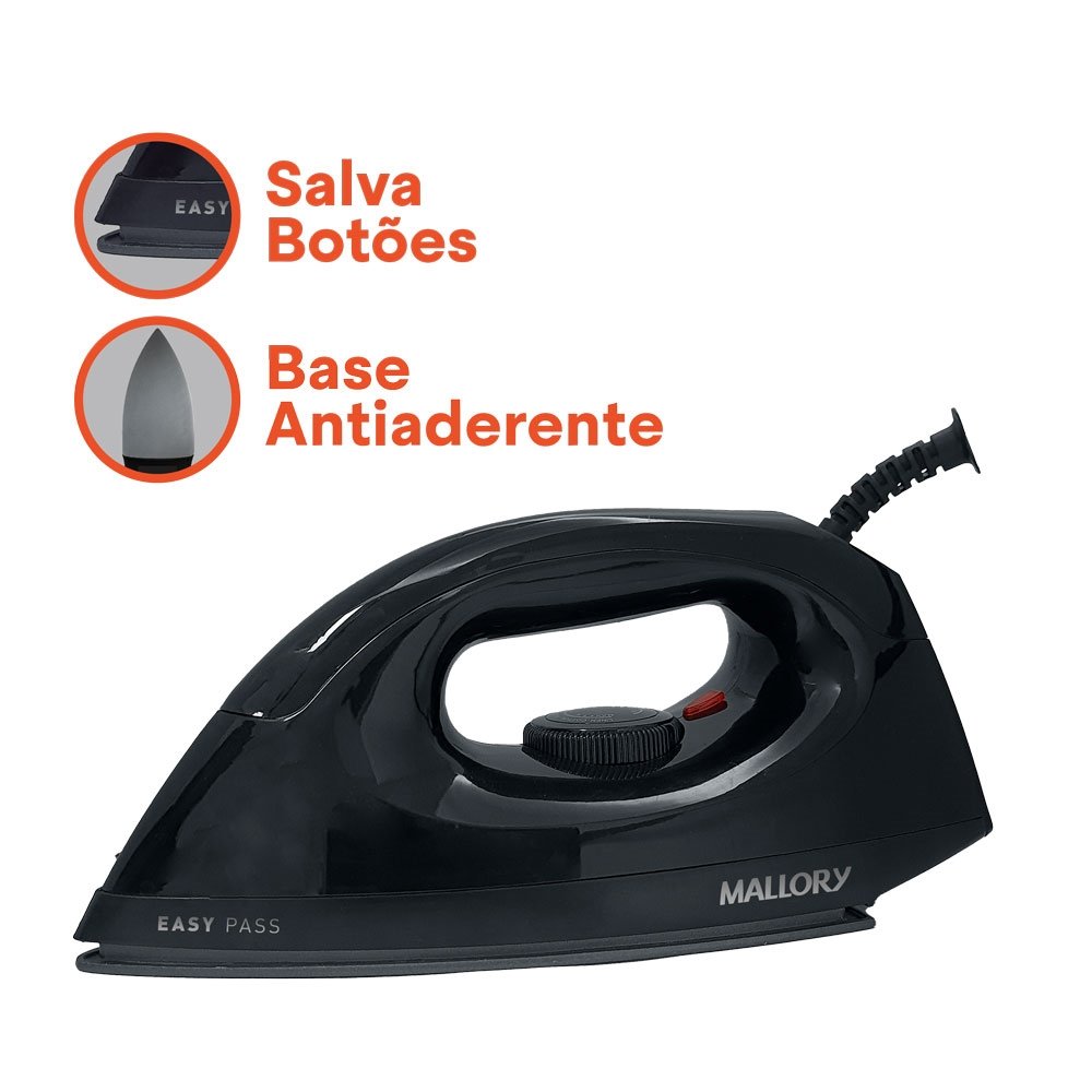 Ferro de Passar a Seco Mallory EASY PASS - 1250W, Base Antiaderente, Preto, 110V