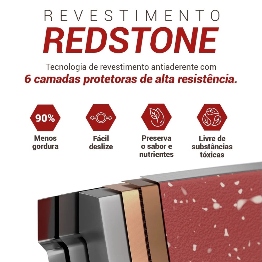 Panela com Revestimento de Cerâmica Redstone Philco PPH240APR - Tampa de Vidro, Cinza/Vermelho, 2.7L