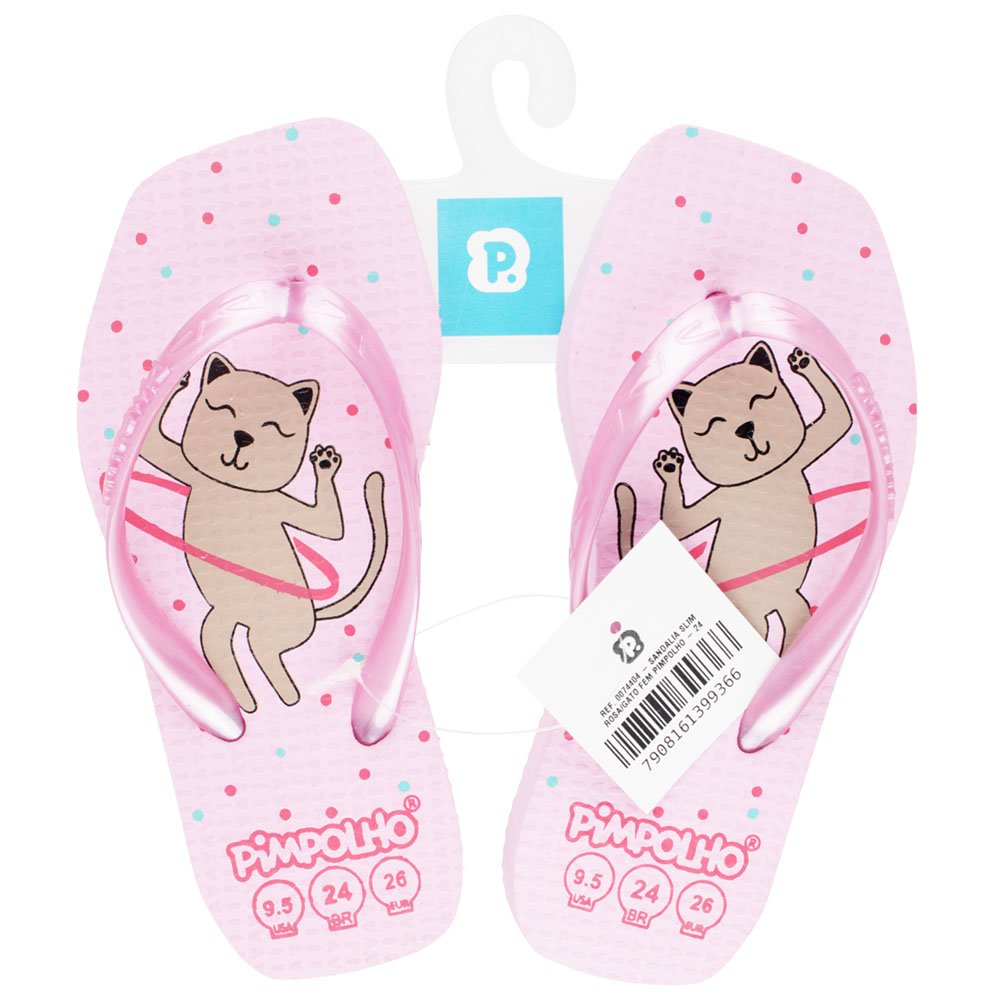 Kit Chinelo Quadradinho Slim Rosa/Gato Feminino Pimpolho Com 12 Pares - Numeração 24 A 32