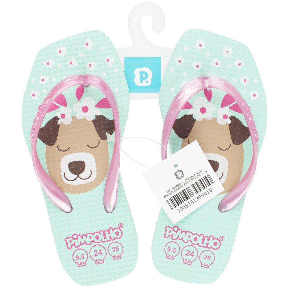 Kit Chinelo Quadradinho Slim Verde/Cachorro Feminino Pimpolho Com 12 Pares - Numeração 24 A 32