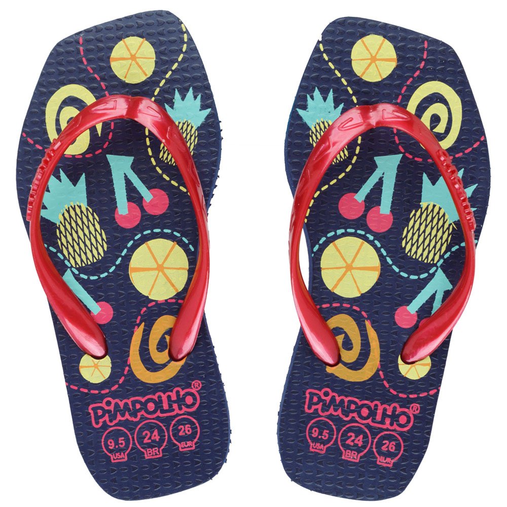 Kit Chinelo Quadradinho Slim Marinho/Frutas Feminino Pimpolho Com 12 Pares - Numeração 24 A 32