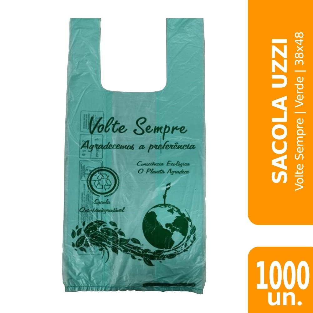 Sacola Uzzi Verde Volte Sempre 38x48 Suporta 4kg - Embalagem com 1000 Unidades