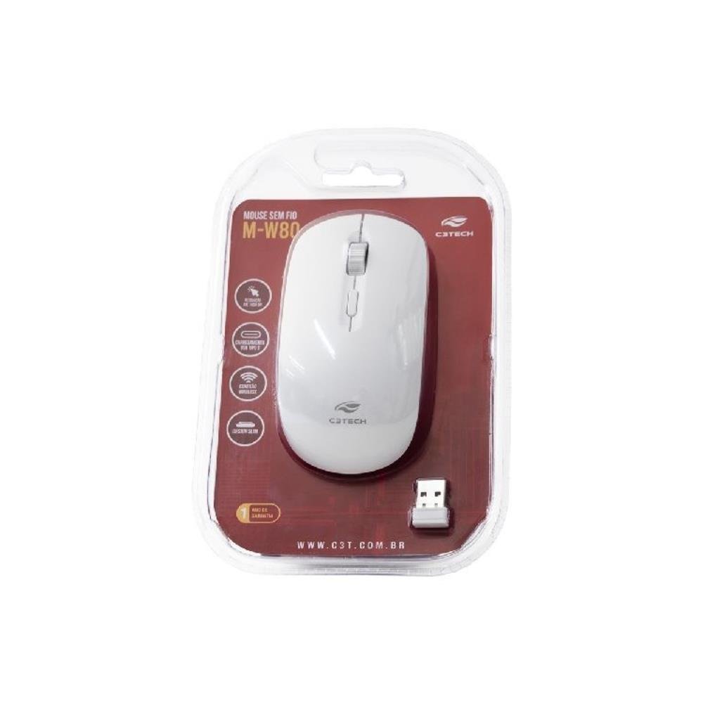 Mouse sem Fio C3Tech, Recarregável, Branco, M-W80WH