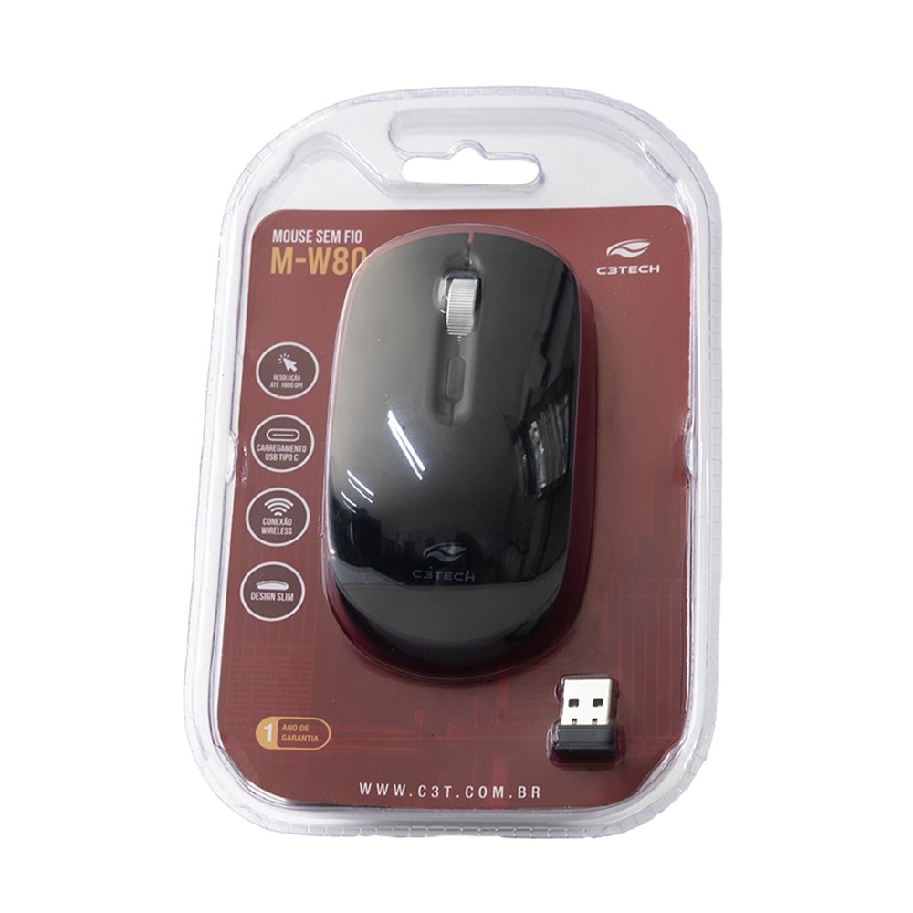 Mouse C3TECH M-W80BK - Sem Fio, 1600DPI, Preto
