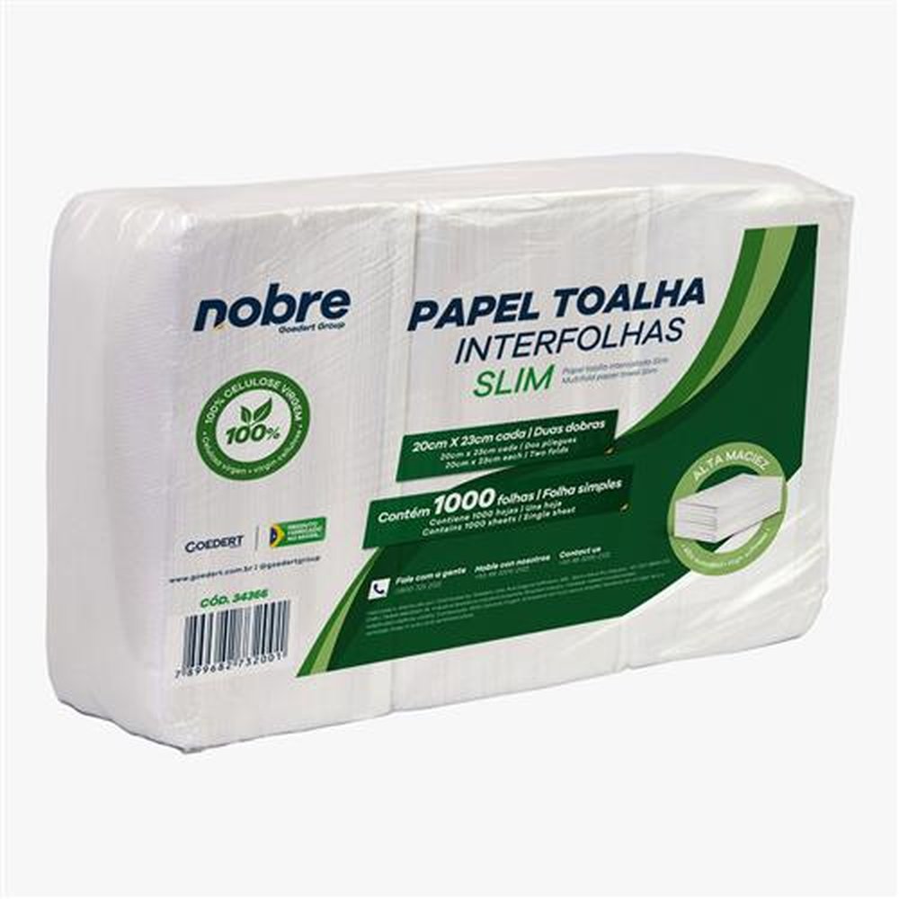 Papel Toalha Interfolha Com 1000 Folhas 20CM X 23CM 2 Dobras Celulose Virgem Slim Nobre