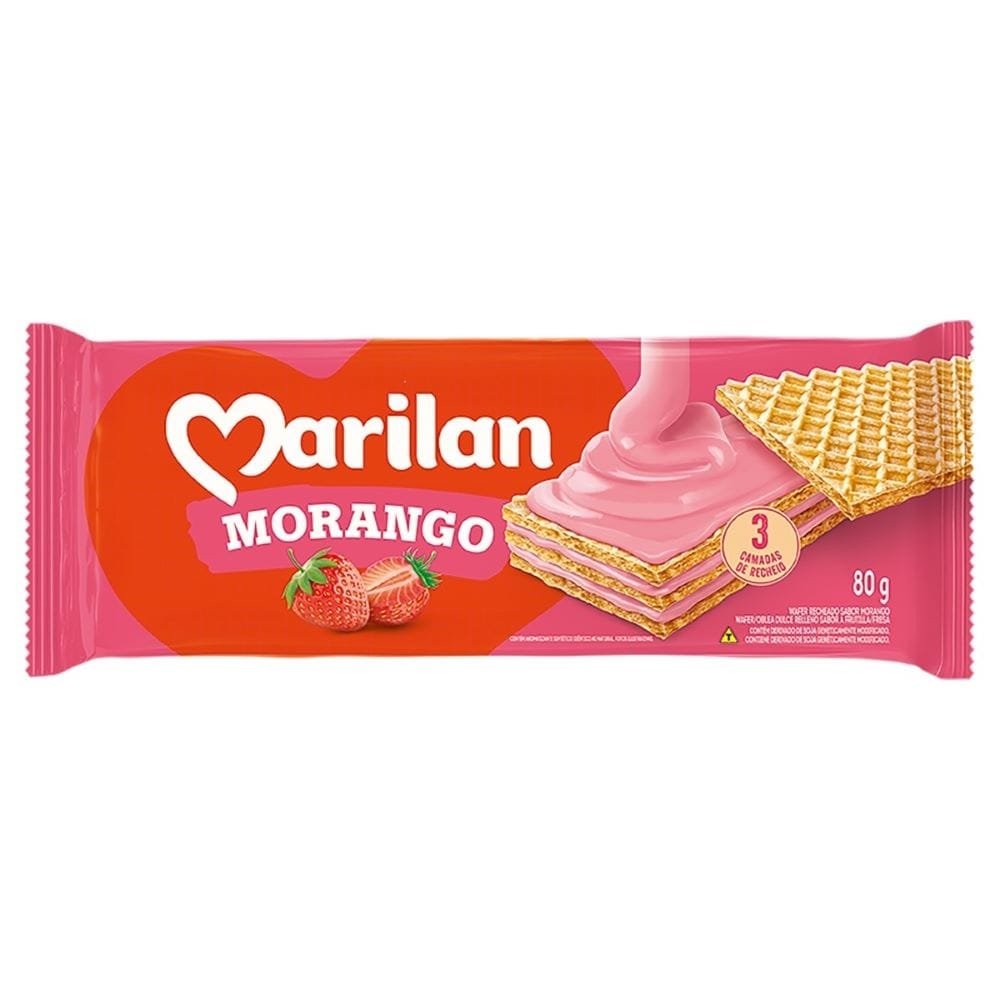Biscoito Marilan Wafer Morango 80g - Embalagem com 40 Unidades