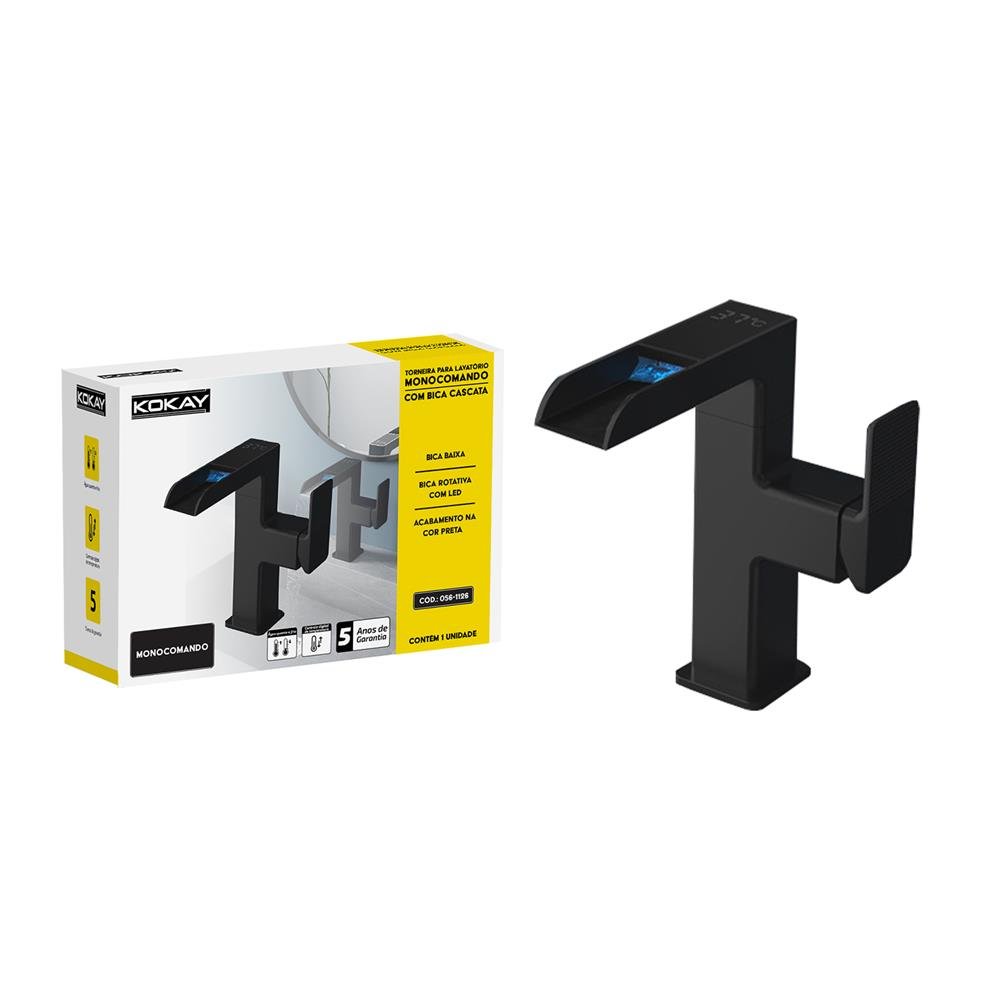 Torneira Luxo Cascata Monocomando Led Com Controle de Temperatura Preto - KOKAY