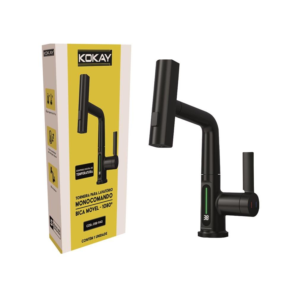 Torneira Inteligente Para Lavatório Monocomando Com Display De Temperatura - Preto - KOKAY