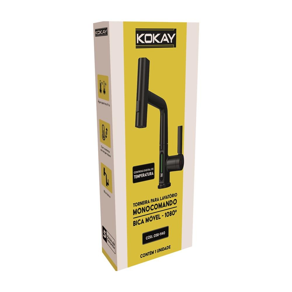Torneira Inteligente Para Lavatório Monocomando Com Display De Temperatura - Preto - KOKAY