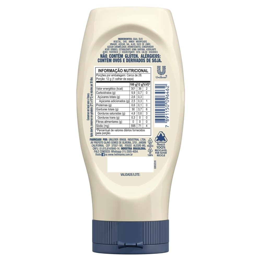 Maionese Hellmanns Alho Squeez 335g - Embalagem com 24 Unidades