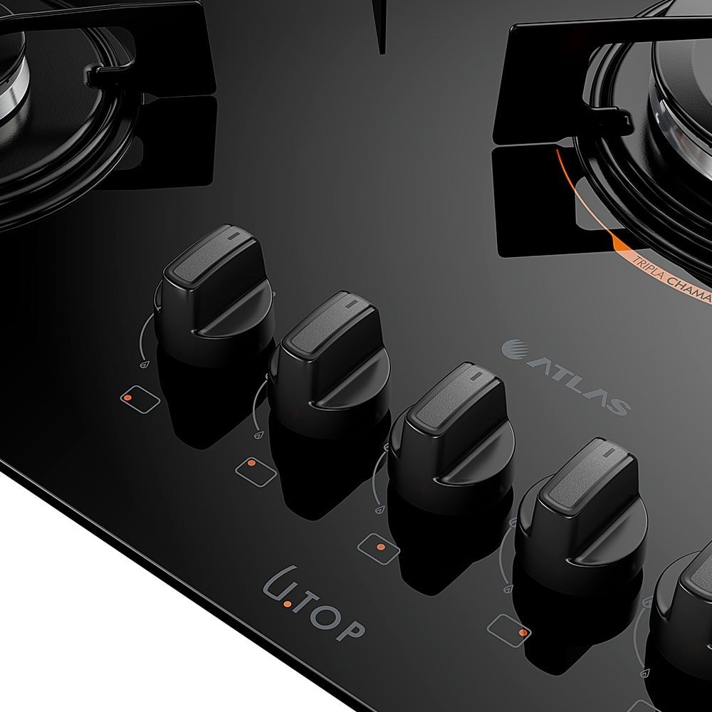 Fogão Cooktop 5 Bocas Atlas UTOP - Tripla Chama, Preto, Bivolt