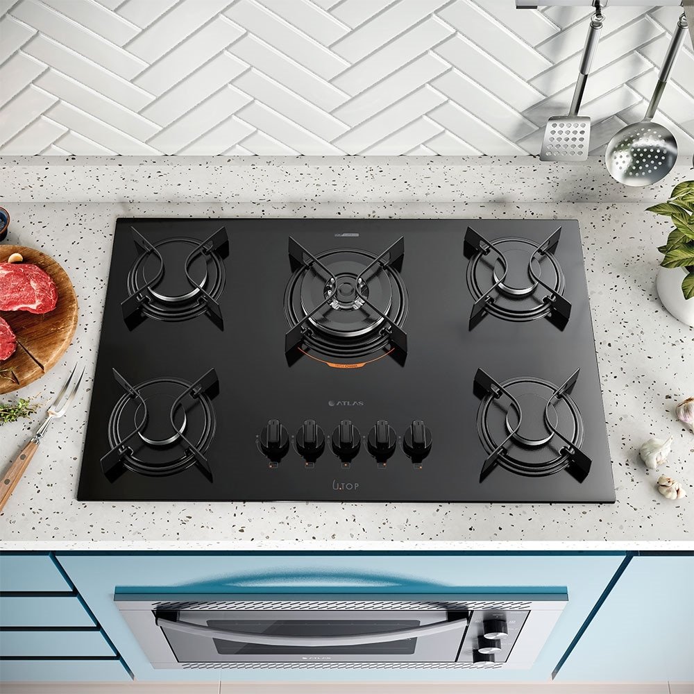 Fogão Cooktop 5 Bocas Atlas UTOP - Tripla Chama, Preto, Bivolt