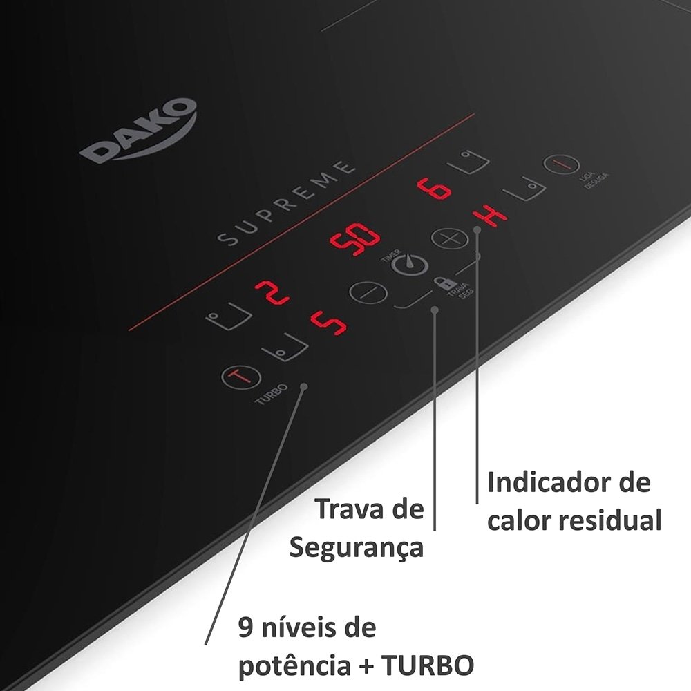 Fogão Cooktop Indução 4 Bocas Dako Supreme - Preto, 220V