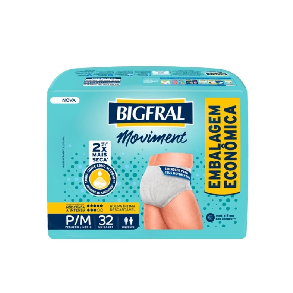 Fralda Descartável Adulto Bigfral Roupa Íntima  Moviment Tamanho P/M - 4 Pacotes com 32 Fraldas - Total 128 Tiras