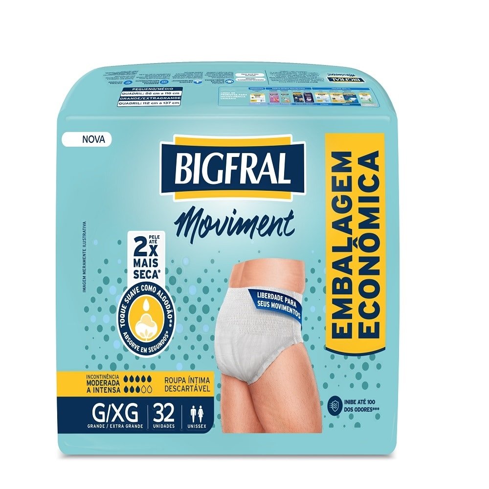 Fralda Descartável Adulto Bigfral Roupa Íntima  Moviment Tamanho G/XG - 4 Pacotes com 32 Fraldas - Total 128 Tiras