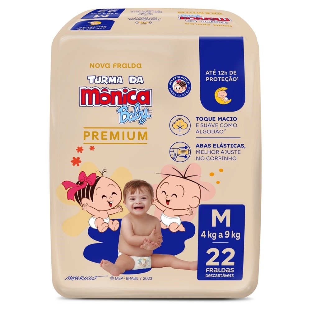 Fralda Dscartável Turma da Mônica Premium Jumbo Média - 8 Pacotes com 22 Unidades