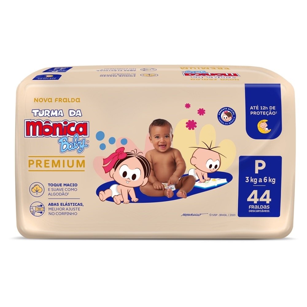 Fralda Descartável Turma da Mônica Premium Econômica Tamanho P 6 Pacotes com 44 Fraldas- Total 264 Tiras