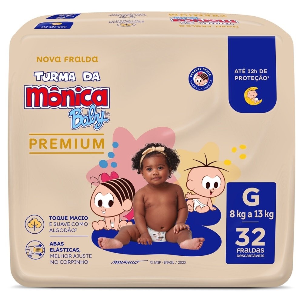 Fralda Descartável Turma da Mônica Premium Econômica Tamanho G ¿ 6 Pacotes com 32 Fraldas- Total 192 Tiras