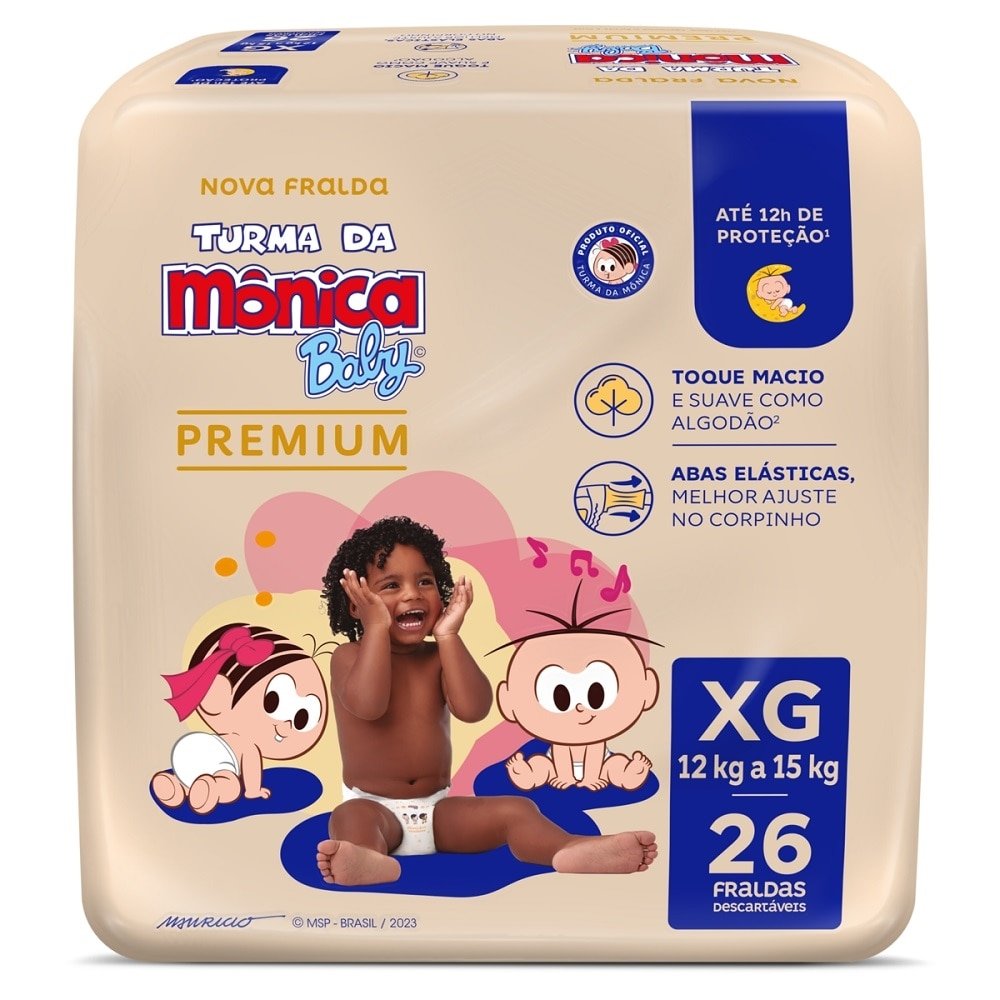 Fralda Descartável Turma da Mônica Premium Econômica Tamanho XG ¿ 6 Pacotes com 26 Fraldas- Total 156 Tiras