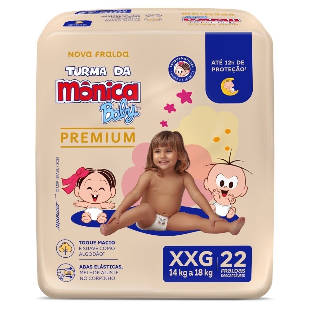 Fralda Descartável Turma da Mônica Premium Econômica Tamanho XXG ¿ 6 Pacotes com 22 Fraldas- Total 132 Tiras