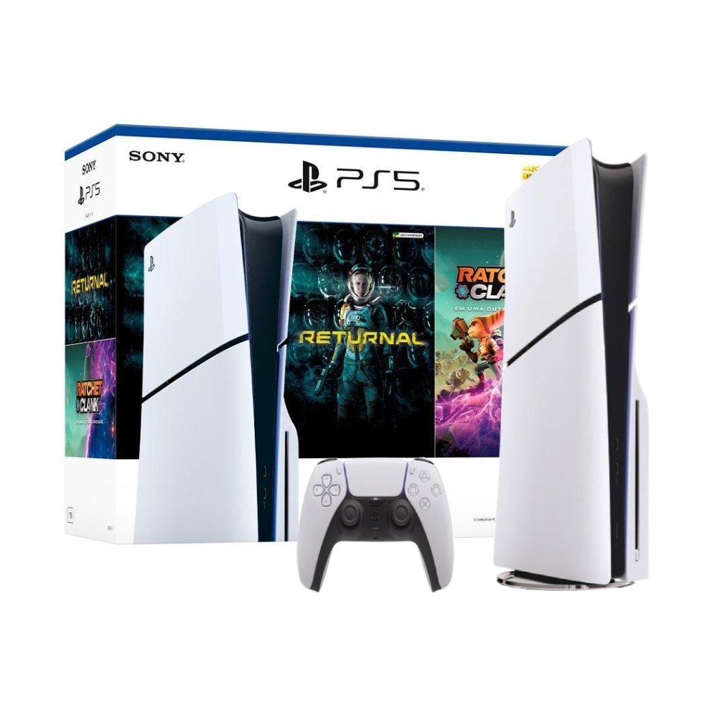 Console Sony Playstation 5 Slim Disk - 1TB SSD, Controle sem Fio Dual Sense, Branco - + Jogos Returnal e Ratchet & Clank