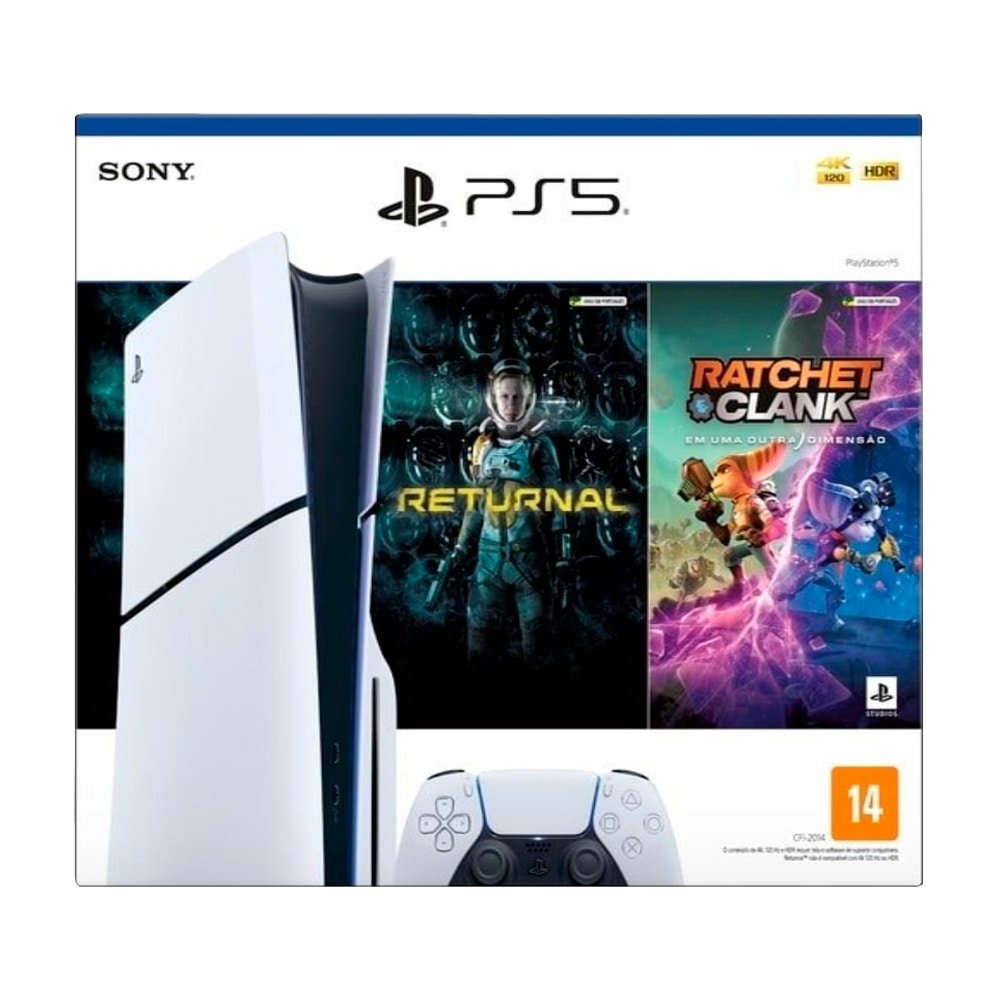 Console Sony Playstation 5 Slim Disk| 1TB SSD, Controle sem Fio Dual Sense, Branco - + Jogos Returnal  e Ratchet & Clank