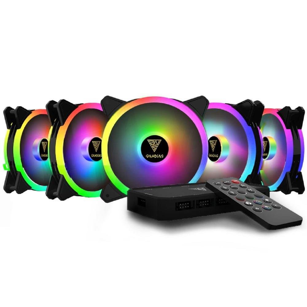 Kit Fan com 5 Unidades Gamdias Aeolus M2-1205R, RGB, 120mm, com Controlador, Preto