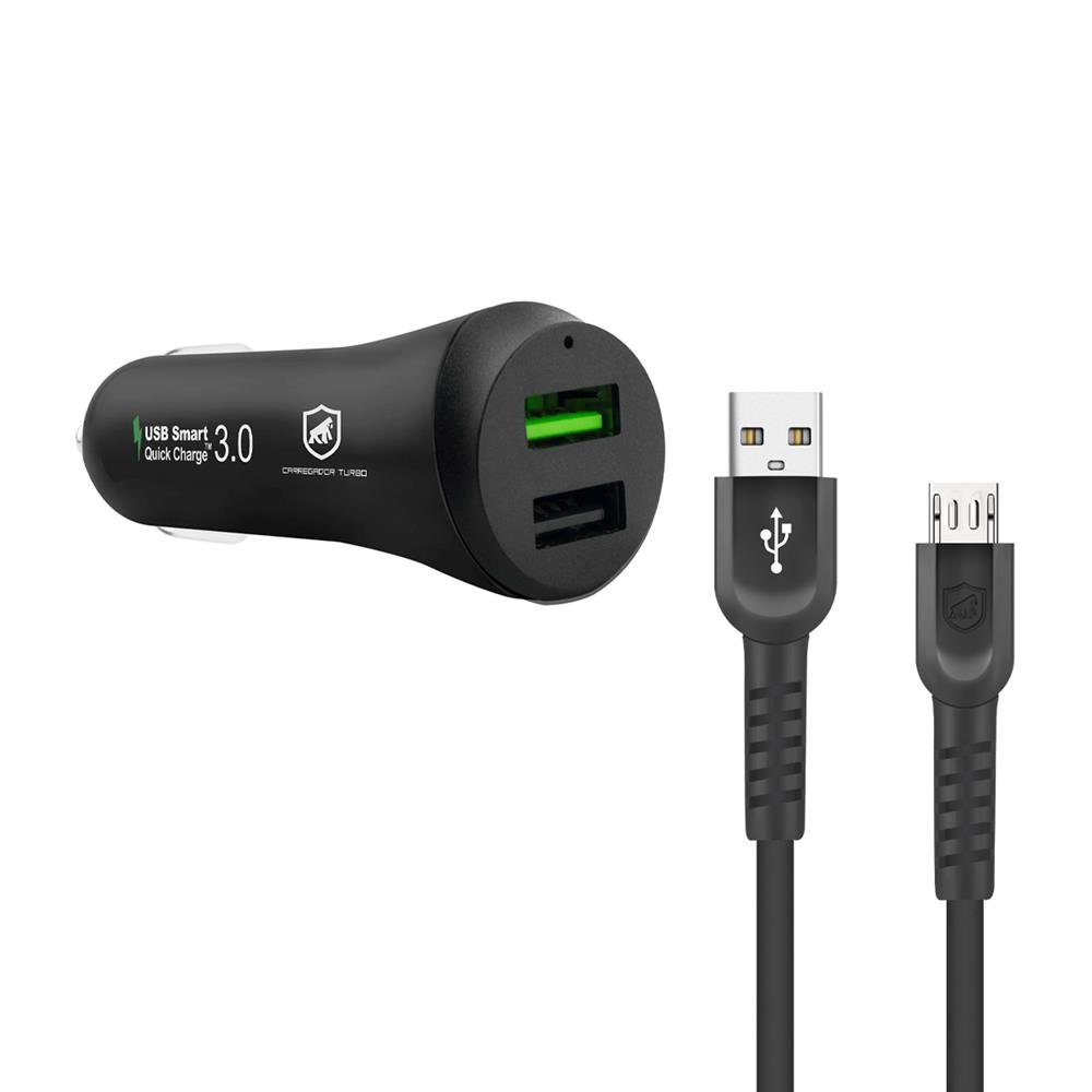 Kit Carregador Veicular Turbo Fast Charger + Cabo Dual Shock Preto Micro Usb V8 / Usb 1,2M