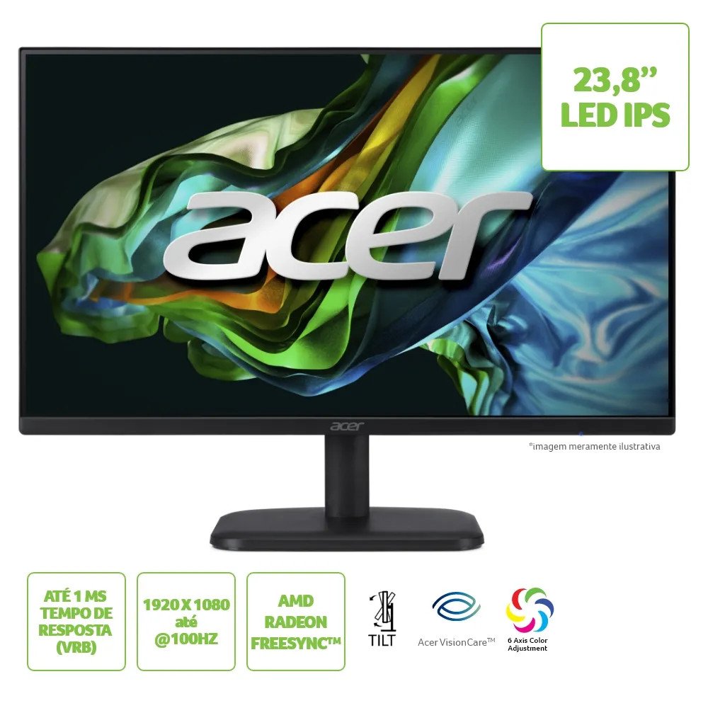 Monitor 23.8" Acer Ek241y Ebi, Full Hd, Ips, 1ms, Amd Freesync, 100 Hz, Acer Visioncare