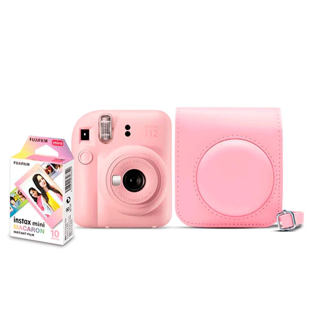 Kit Câmera Instax Mini 12 com pack 10 fotos Macaron e Bolsa Rosa