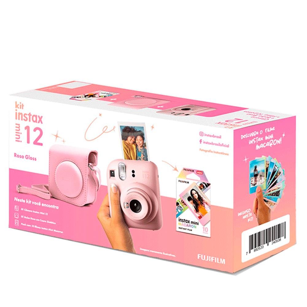 Kit Câmera Instax Mini 12 com pack 10 fotos Macaron e Bolsa Rosa