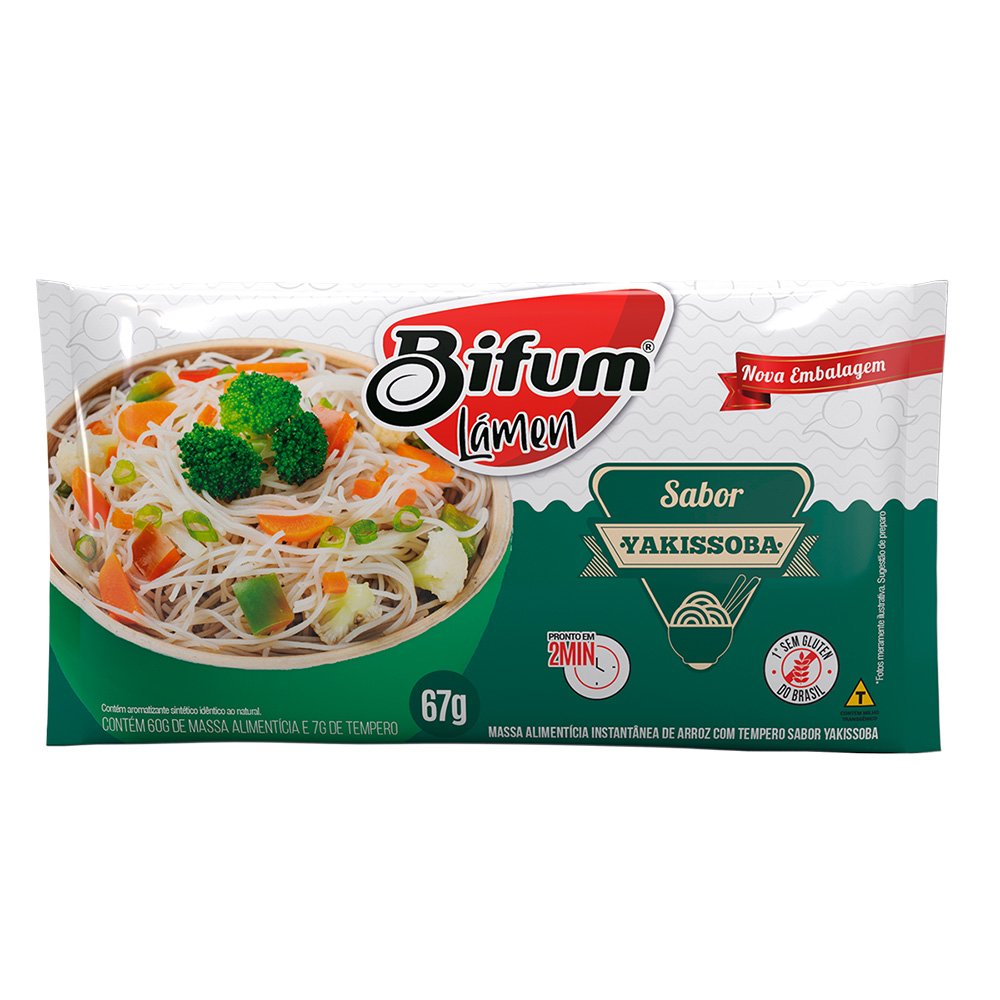Kit 30 unidades Macarrão Arroz Bifum Lámen Sabor Yakissoba 67g Sem Glúten Vegano