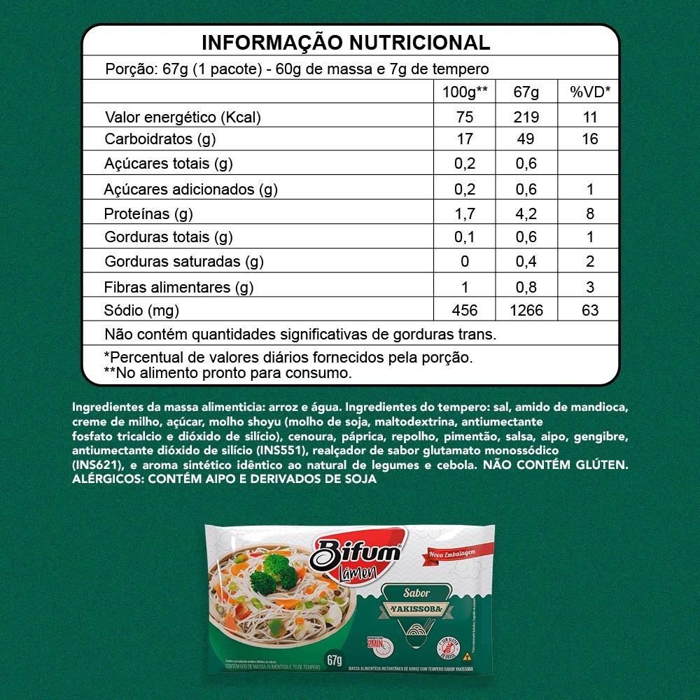 Kit 30 unidades Macarrão Arroz Bifum Lámen Sabor Yakissoba 67g Sem Glúten Vegano