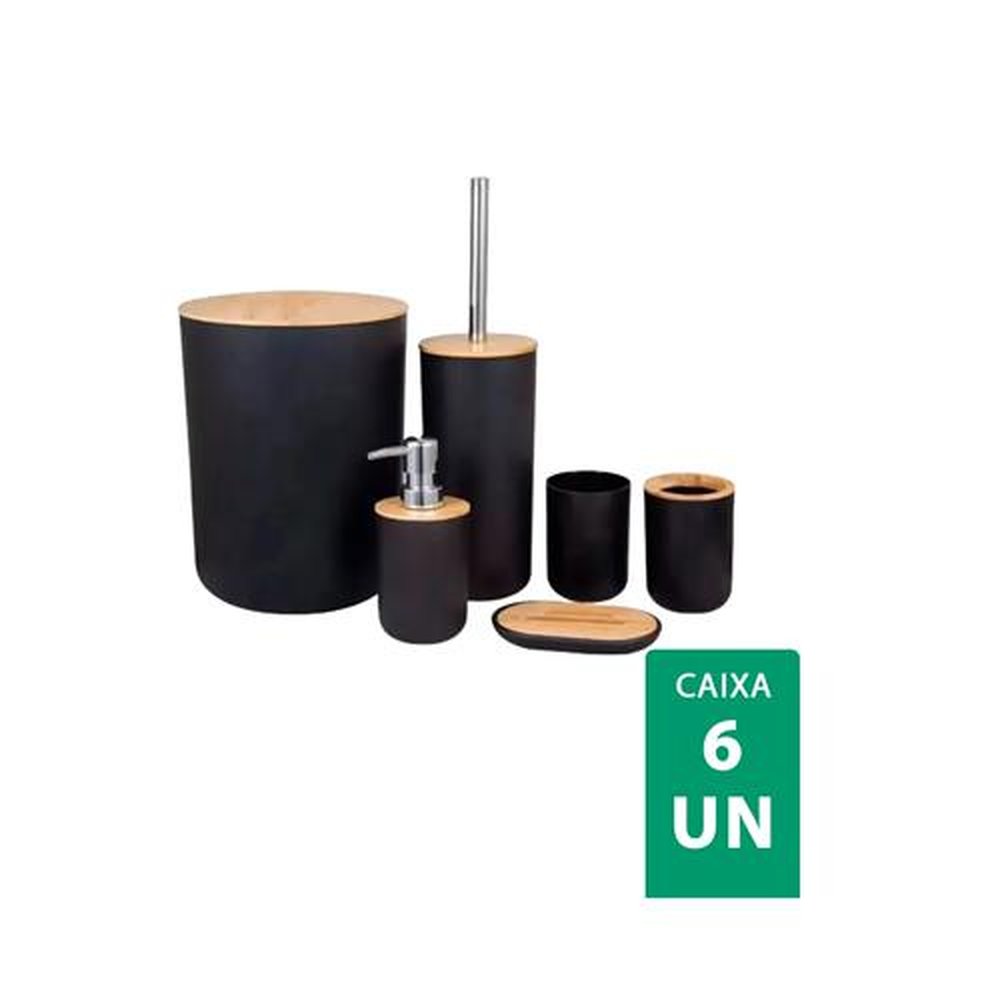 Kit Conjunto Para Banheiro Bambu 6 Peças Plasvale - Preto