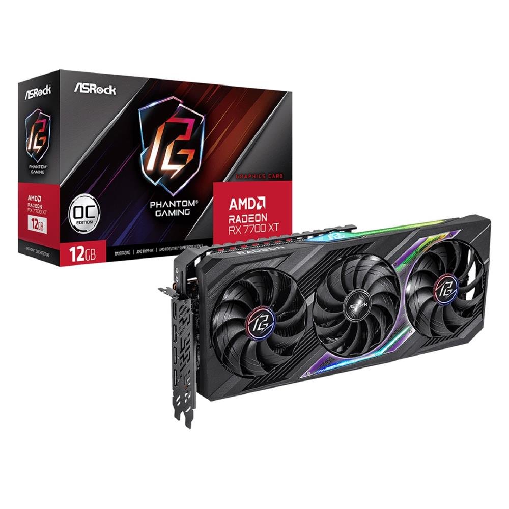 Placa De Vídeo Asrock Radeon Rx 7700 Xt Phantom Gaming Oc, 12Gb, Gddr6, 192-Bit, Argb, Preto