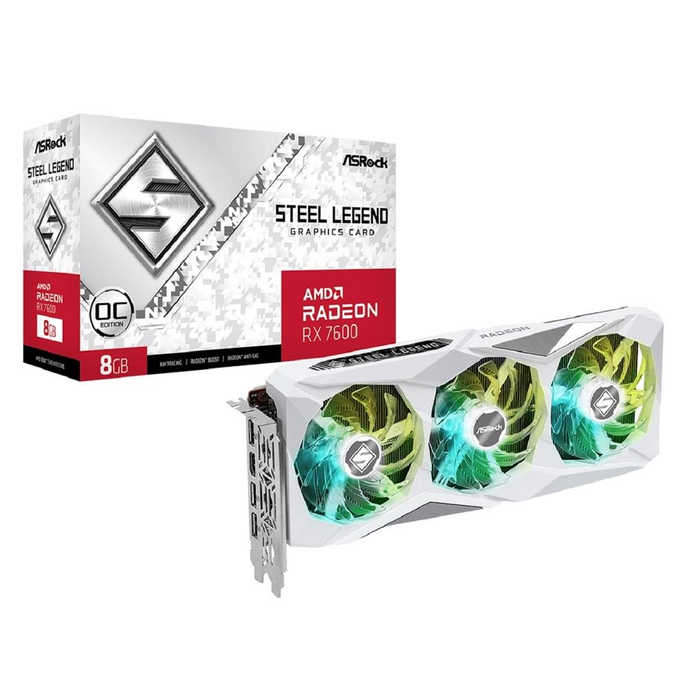 Placa De Vídeo Asrock Radeon Rx 7600 Steel Legend Oc, 8Gb, Gddr6, 128-Bit, Fsr, Ray Tracing, Branco