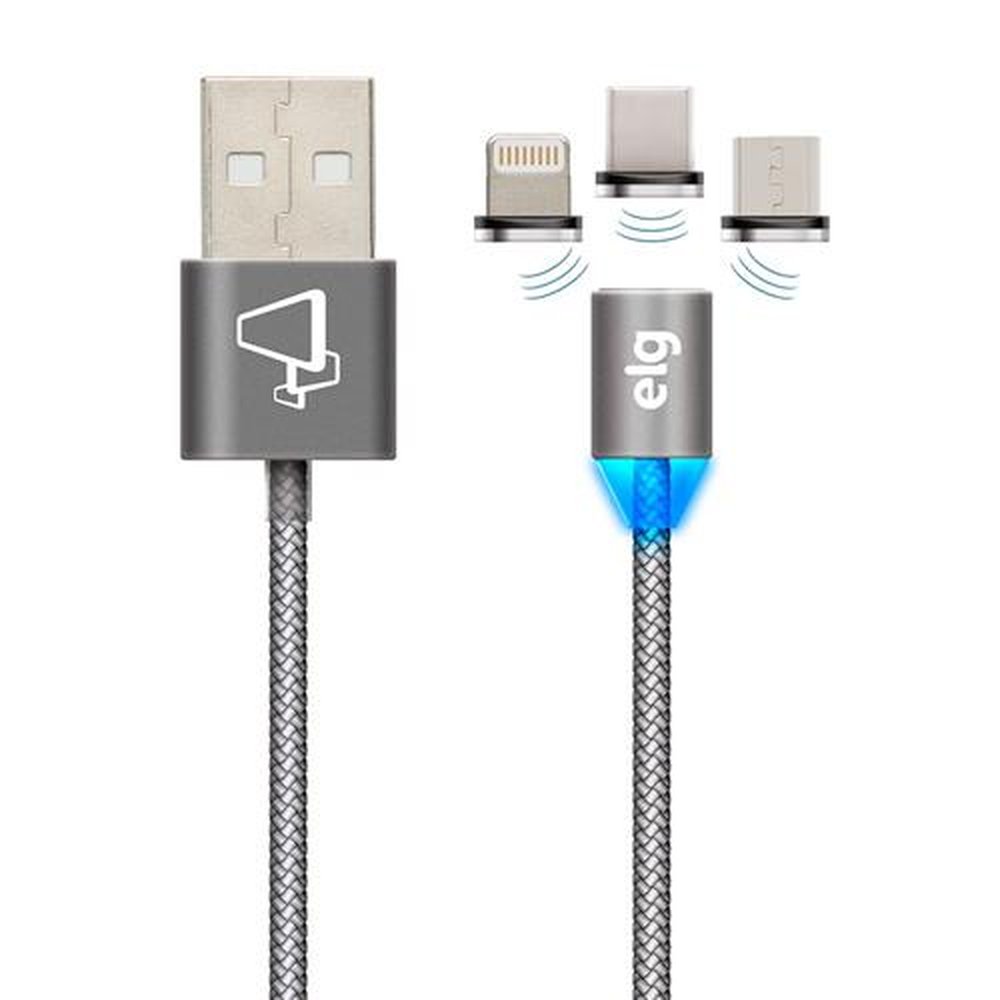 Cabo 3 Em 1 - Pontas Magneticas - Lightning + Tipo-C + Micro USB - 1,5m - Cinza - PW315MBS