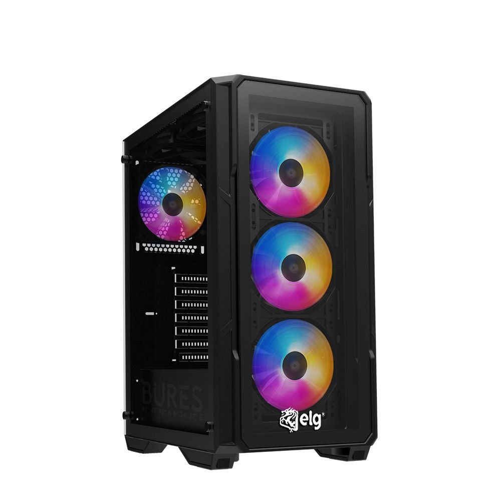 GGPBR- Gabinete Gamer ELG Pro Bures, Lateral e Frente Em Vidro Temperado, Mid Tower, Com 3 Fans, Preto