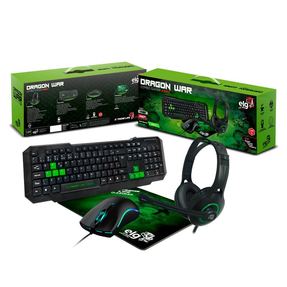 CGDW41G - Combo Gamer 4 Em 1 Dragon War Headset Stereo, Mouse 2.400DPI, Teclado Abnt2, Mouse Pad Sense Control Verde