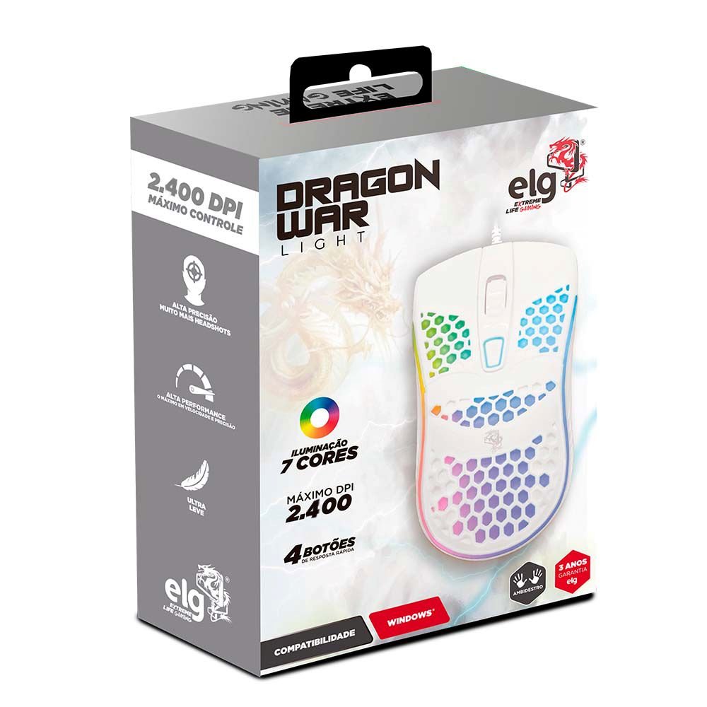 MGDWL2 - Mouse Gamer Dragon War Light 2400DPI 7 Cores 70g Ultraleve - Branco
