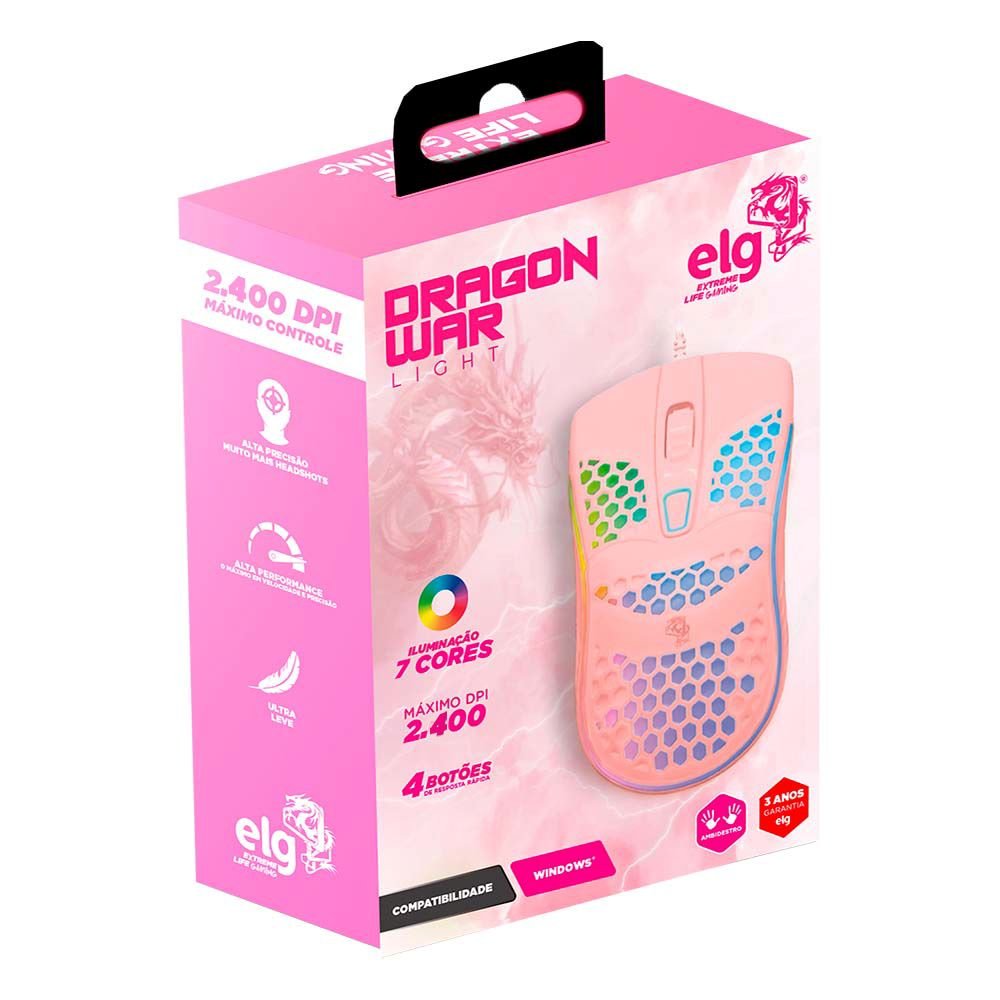 MGDWL3 - Mouse Gamer Dragon War Light 2400DPI 7 Cores 70g Ultraleve - Rosa