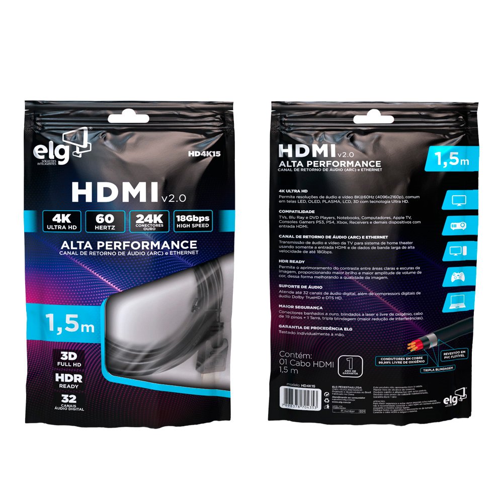 Cabo HDMI 2.0V ELG 4K HD HD4K15 1.5 Metros